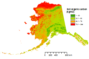 Figure 1. Map of SOC stocks in Alaska generated by geographically weighted regression (60-m resolution).